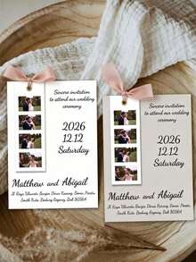 Tarjeta de invitación de boda personalizada, texto personalizado, foto, información de ubicación, marcador de libros con foto, encuadernación con anillo de metal, decoración con cinta, invitación de boda - Conjuntos - Ver 2