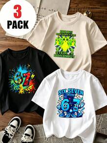 3pcs Boys' Summer Casual Loose 100% Cotton Short Sleeve T-Shirt Set, Cartoon Number 67, Graffiti, Game, Cat Print, Street Style - Multicolor - View 6