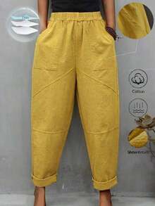 LUMIGAL Pantalones casuales sueltos de cintura elástica para mujer con forma cónica y bolsillos de unicolor - Caqui - Ver 7