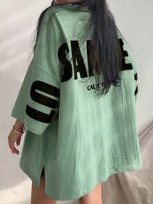 Camiseta holgada de manga larga con cuello redondo y estampado de letras para mujer, de estilo casual y suelto para el verano - verde menta - Ver 5