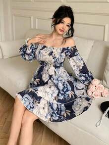 Vestido de flores con hombros descubiertos elegante y apropiado para ir al trabajo - Azul - Ver 3