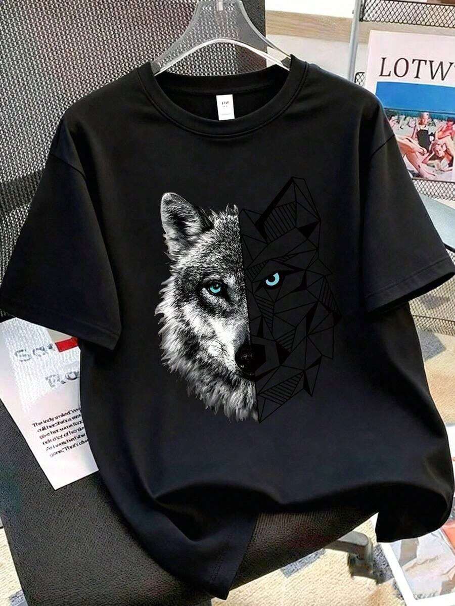 Camiseta de manga corta para niños con estampado de cabeza de lobo, con diseño geométrico realista de cabeza de lobo con ojos azules, de corte holgado y cuello redondo, casual y cómoda, adecuada para uso diario, escuela y transporte - Negro - Ver 1