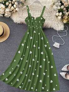 Vestido largo casual y sencillo 2025 nuevo con cuello en V, cinta en la cintura y estampado completo de corazón, con tirantes anchos, elegante y lindo para San Valentín, vacaciones y citas - Negro 2 - Ver 9