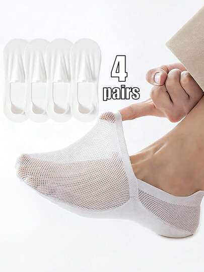 4 Pairs Of Unisex Mesh Invisible Socks In Summer, Multi-Color Solid Color Mix And Match, Ice Mesh Yarn, Non-Slip Heel, Casual Shallow-Mouthed Invisible Style, Suitable For Flat Shoes And Sports Shoes.