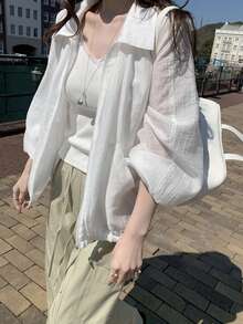 Korean Style Versatile Sheer Zipper Front Loose Fit Sun Protection Shirt White - White - View 3
