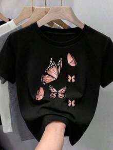 Camiseta Holgada Sencilla Mujer Estilo Moderno Camiseta Casual de Verano para Mujer, de Algodón Puro, Manga Corta, Cuello Redondo, Estampado de Mariposas, Cómoda y Transpirable, Oferta Especial por Tiempo Limitado Camiseta Mujer Estampado Gráfico  Verano 2026 - Negro - Ver 6