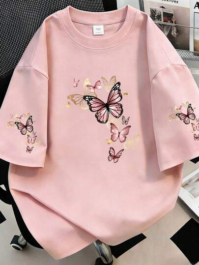 Lässiges T-Shirt mit goldenem Schmetterlingsdruck und Rundhalsausschnitt, Damen Sommer Top in Große Größen mit Ärmeldruck, geeignet für den täglichen Gebrauch, Strandurlaub; geeignet für den täglichen Gebrauch, Ausflüge, Reisen, Strand, Partys, Damen Sommer Outfit, Damen Urlaubsoutfit