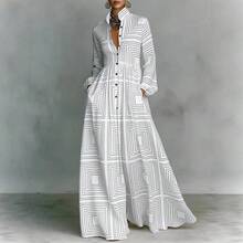Vestido maxi talla grande estampado floral manga larga vintage elegante cintura ajustada casual vacaciones - Blanco - Ver 8