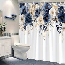 1 Piece Of Elegant Blue Gold Floral Shower Curtain  70x70inch Polyester Bathroom Decoration, Featuring Delicate Rotating Petals And Soft Green Leaf Design, Includes 12 Hooks, Washable, Luxurious Bathroom Decor And Accessories - Multicolor - View 3