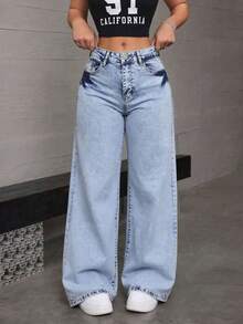 Straight-Leg Dark Blue Denim Jeans With A Butt-Lifting Effect And A Loose, Stretchy Fit - 淺藍色雪花 - 查看 11