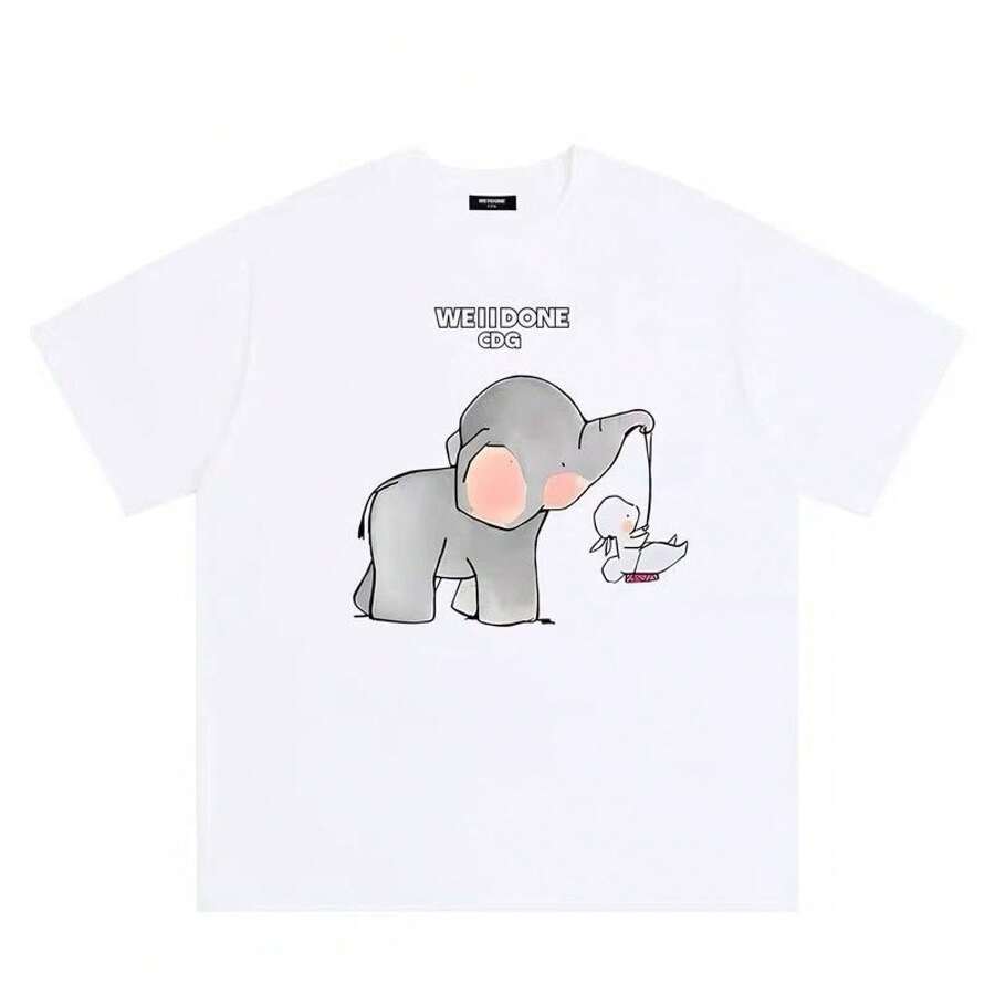 Camiseta de manga corta con estampado de elefante y conejo de dibujos animados, moderna y versátil, para hombres y mujeres, ideal para primavera y verano. - Blanco - Ver 1