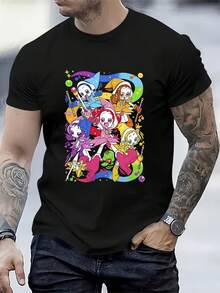 Black Cotton T-Shirt With Colorful Magical Elf Cartoon Print,  And On - Hitam - View 1
