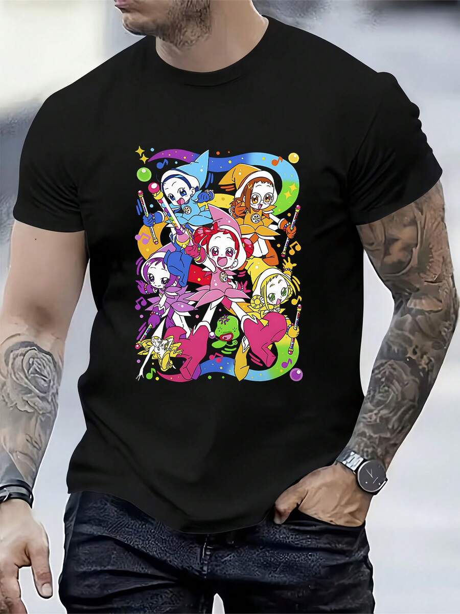 Black Cotton T-Shirt With Colorful Magical Elf Cartoon Print, And On - Hitam - View 1
