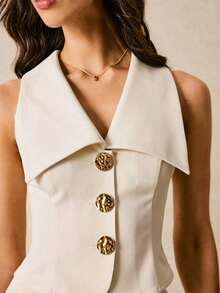 Conjunto de 2 piezas de verano para mujer, de unicolor, con chaleco y falda para uso profesional o paseo, un conjunto elegante y de estilo sofisticado para vacaciones - Beis - Ver 3