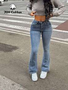 Jeans de campana con efecto lavado y desgastado de gato, estilo casual de vacaciones para mujer, primavera - Azul - Ver 3
