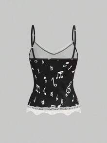 ROMWE Conjunto de 3 piezas con camiseta de tirantes con encaje y estampado de notas musicales y teclado de piano, estilo retro Y2K - Blanco y Negro - Ver 6