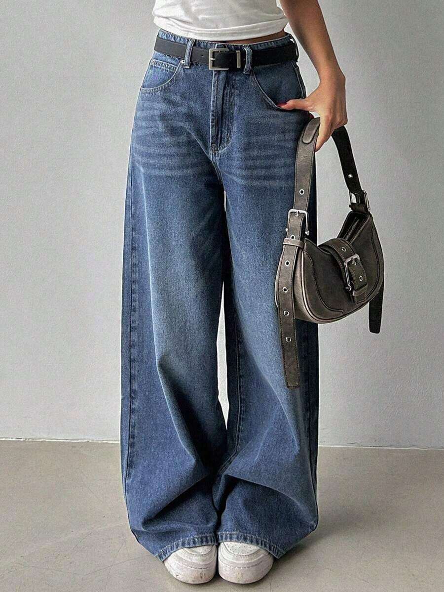 Jeans casuales de mujer de pierna ancha, unicolor, con bolsillo cargo suelto - Azul lavado medio - Ver 1