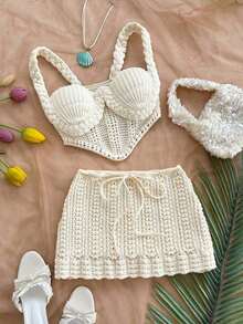 2 piezas Conjunto de top sin espalda de crochet y falda de cintura baja sexy para vacaciones, adecuado para festival de música, estilo bohemio, vacaciones, citas, té de la tarde - Blanco - Ver 9