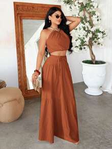 Conjunto de 2 piezas de top halter sexy y falda midi con volantes - Óxido marrón - Ver 3