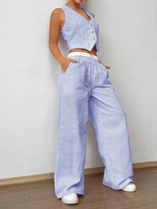 2 piezas Conjunto de pantalones con bolsillos de color contrastante y blusa sin mangas con cuello en V y botones delanteros a rayas para mujer - Multicolor - Ver 4