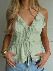 Camiseta casual y versátil con volantes y lazo delantero, ideal para citas y fiestas - Verde - Ver 5