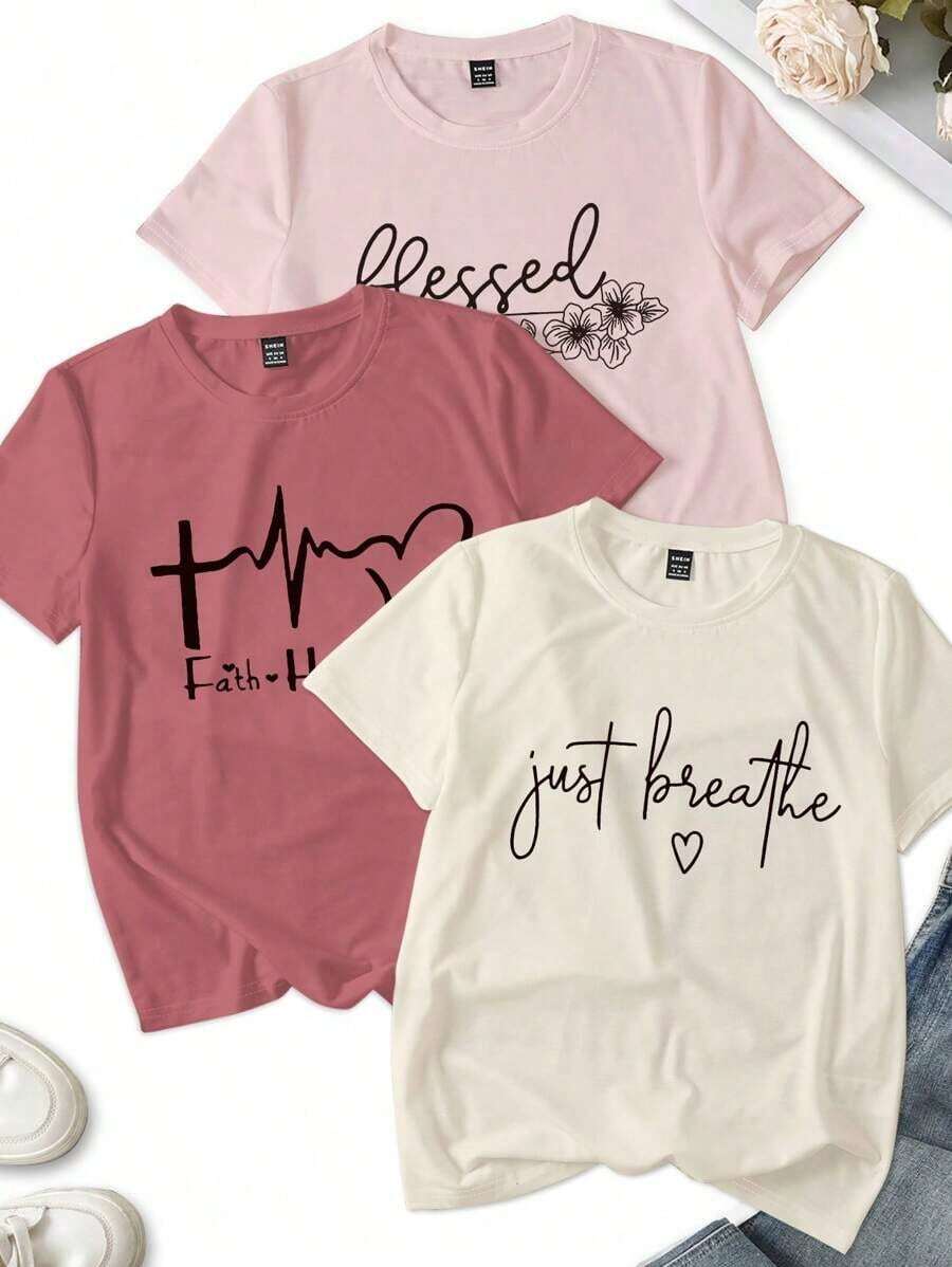 3 piezas Camiseta de manga corta rosa/morada/marrón, diseño de impresión de letras minimalista de moda, top casual de cuello redondo para mujer, verano - Multicolor 2 - Ver 1