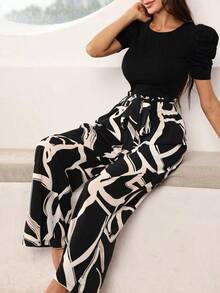Conjunto de 2 piezas de mujer de blusa de manga corta abombada de cuello redondo lisa y pantalones estampados para el verano - Negro - Ver 9