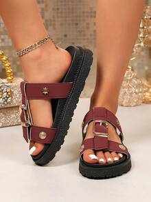 New Fashion Metal Buckle Decor, Open Toe, Platform Thick Bottom Slippers, Fashionable Slides, Comfortable Non-Slip, Versatile, Easy To Clean, Beach Sandals, Suitable For Daily Wear - Wine-red Leather - View 2