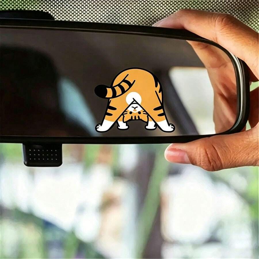 1 pieza Lindo adhesivo de carro de gato de dibujos animados al revés, adhesivo creativo de cubierta de arañazos para carro, motocicleta, portátil, cuaderno - Pegatinas de gatos al revés - Ver 1