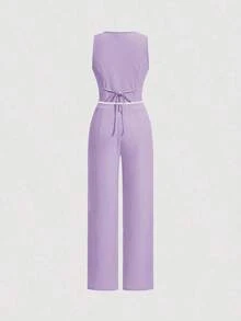 Juego De Dos Piezas Para Mujer Con Chaleco Y Pantalones De Color Sólido - Púrpura malva - Ver 2