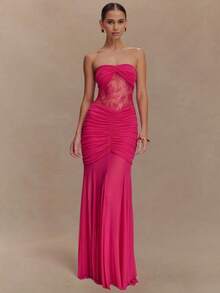 Vestido Irregular Encaje Con Tirantes  Ajustado Estilo Dama - Rosa Fucsia - Ver 1