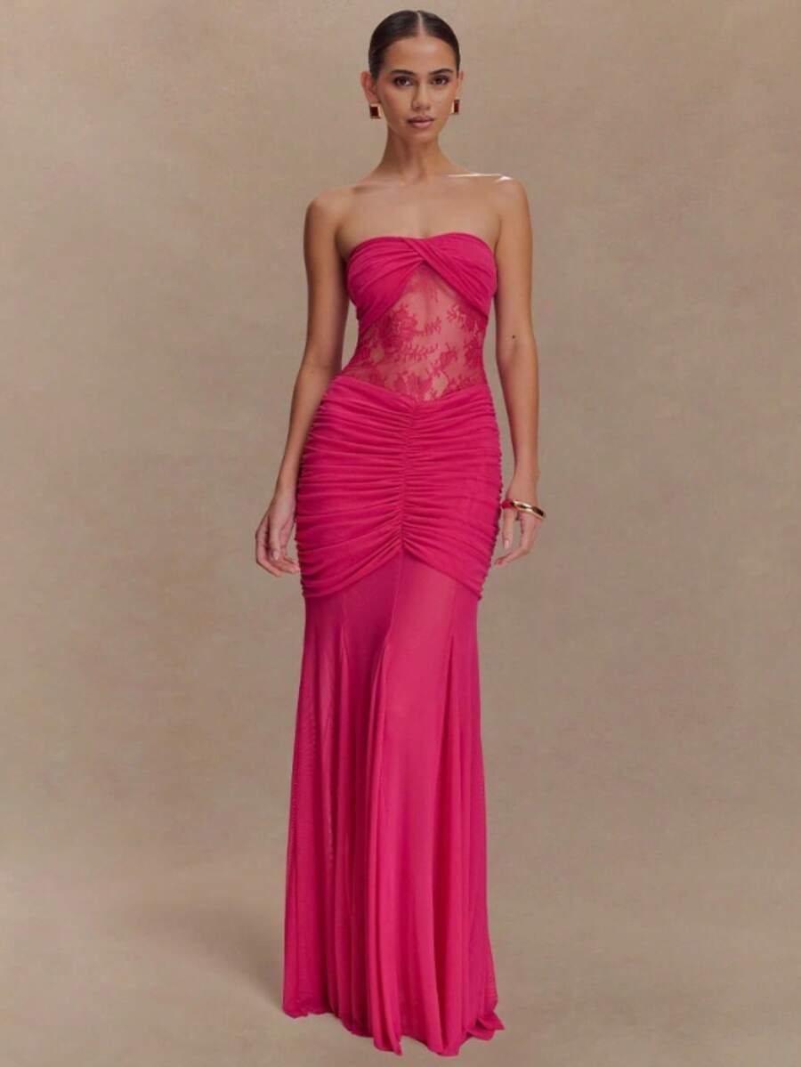 Vestido Irregular Encaje Con Tirantes Ajustado Estilo Dama - Rosa Fucsia - Ver 1