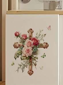 1 Set Vintage Rose Cross Wall Sticker, Paired With Butterfly Elements, Romantic And Full Of Faith, Made Of Vinyl Material, Can Be Stuck On Walls, Toilets, Mirrors, Cabinets, Versatile Usage - With Adhesive Backing - Wall Stickers - View 2