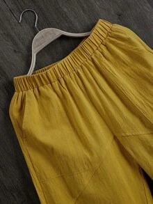 LUMIGAL Pantalones casuales sueltos de cintura elástica para mujer con forma cónica y bolsillos de unicolor - Amarillo - Ver 6