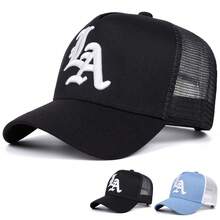 1pc Hat LA Letter Embroidered Mesh Trucker Cap, Two-Tone Curved Brim Streetwear Baseball Hat - A - View 1