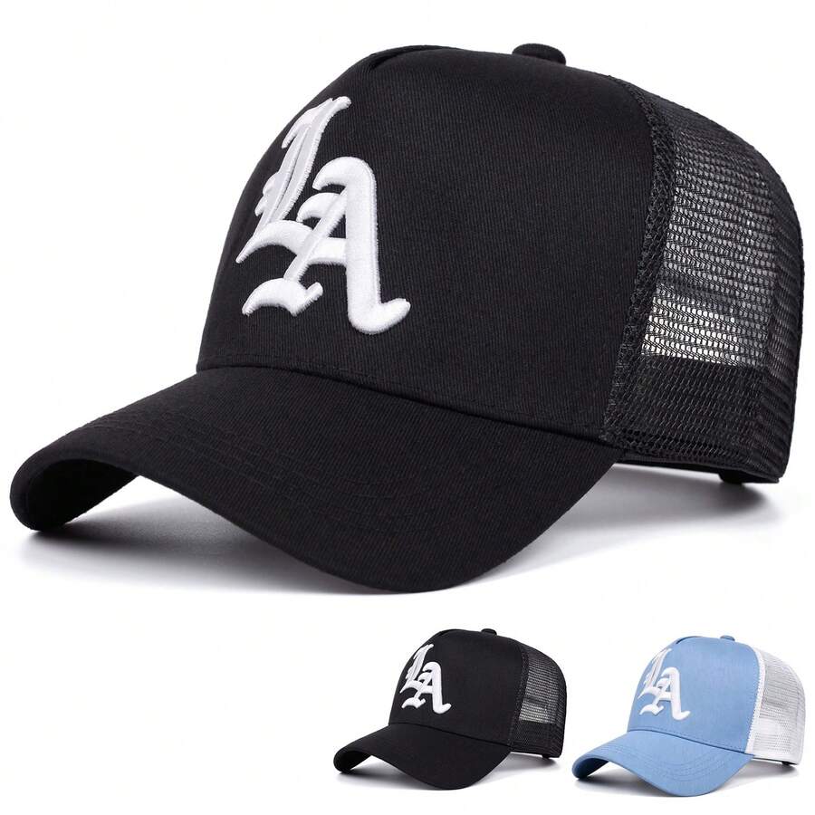 1pc Hat LA Letter Embroidered Mesh Trucker Cap, Two-Tone Curved Brim Streetwear Baseball Hat - A - View 1