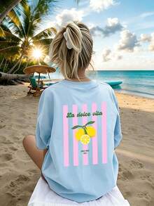 Camiseta de cuello redondo de manga corta con estampado gráfico informal para niñas preadolescentes, top de verano - Celeste - Ver 3