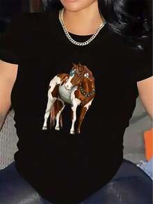 Camiseta de manga corta con estampado de caballo ecuestre - Diseño de caballo en marrón, blanco, granate y negro, blusa casual de poliéster duradera con cuello redondo, lavable a máquina, ideal para el hogar, la equitación, el establo y el uso diario para amantes de los caballos. - Negro - Ver 5