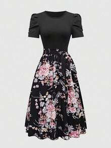 Vestido de verano de longitud media con estampado floral elegante y patchwork para mujer - Rojo y negro 2 - Ver 7