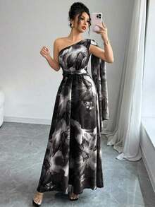 Vestido elegante de talle alto con hombro asimétrico, abertura lateral y estampado aleatorio, estilo fashionable para vacaciones - Gris - Ver 6