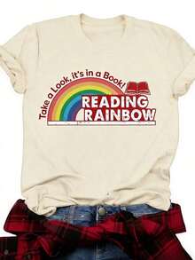 Women's Fitted T-Shirt With Y2K Print And Crew Neck - Plus Size - Red T-Shirt For Women - Rainbow Graphic Design T-Shirt For Reading And Books - Casual Everyday T-Shirt For Teachers And Book Lovers - Valentine's Day And Back-To-School Outfit - Soft Everyday Top, Teacher Clothing, Fun Design, Comfortable Fit - Summer Festival Fashion, Heavyweight Adult T-Shirt - 杏色 - 查看 2
