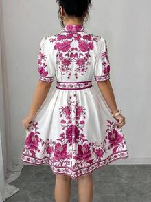 Conjunto de vestido corto de manga corta con cintura ceñida y estampado floral azul y blanco, elegante y romántico para vacaciones, primavera/verano - Multicolor 2 - Ver 2