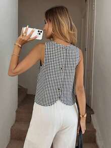 Camisa informal de mujer sin mangas con botones y rayas - Blanco y Negro - Ver 1