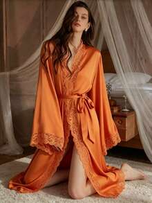 QING ROU Women's Elegant Satin Robe, Soft Lace Trim, Flared Long Sleeves, Silky & Comfortable, With Belt, Suitable For Home Wear - Orange - View 3