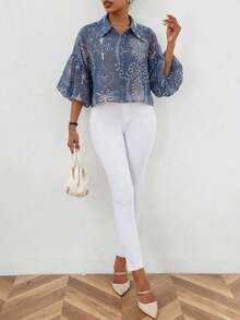 Camisa de manga abullonada con estampado floral en todo el diseño - Azul - Ver 1