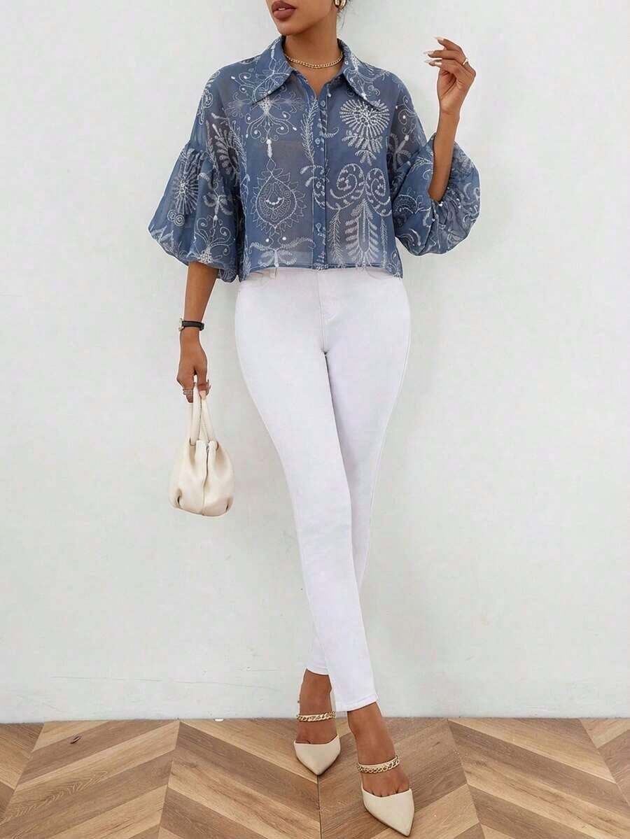 Camisa de manga abullonada con estampado floral en todo el diseño - Azul - Ver 1