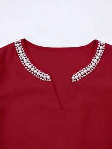 Blusa casual elegante de mujer con cuello redondo en color champán, cuello en V, manga corta abullonada, con adornos de perlas falsas, corte holgado, adecuada para ir a trabajar, elegancia cotidiana.Elegante, casual, atuendo casual para mujer, ro - Rojo - Ver 5