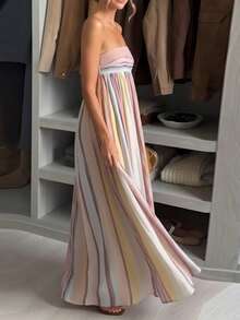 Vestido largo primavera 2026, holgado elegante, escote bandeja plisado de colores - Multicolor - Ver 5
