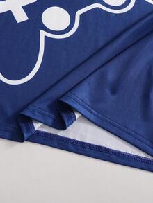 Conjunto de pijama de 2 piezas para niños de verano, azul oscuro minimalista con estampado de mando de juego/letra en blanco, manga corta + pantalones cortos, tela suave, ropa de estar en casa con tema de consola de juegos - Azul Marino - Ver 9