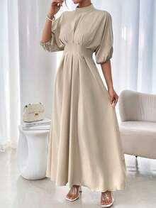 xheRafferiza Vestido largo elegante para mujer con cuello redondo, manga farol, cintura plisada y unicolor holgadoxhe - Caqui - Ver 5